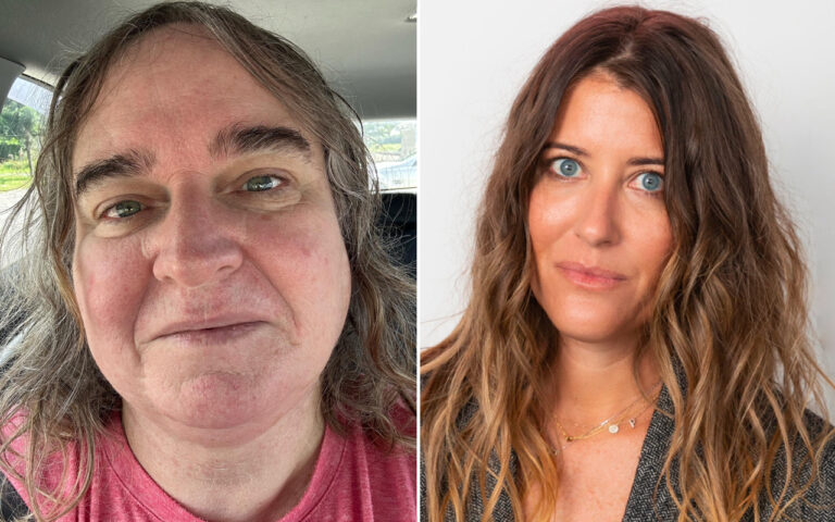 Before-and-after portrait: left shows a woman in a car with natural makeup, pink shirt; right shows the same woman with styled hair and makeup against a neutral background, suggesting a makeover transformation.