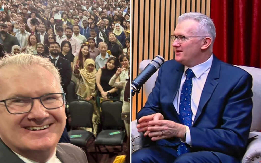 Two-panel image: left shows a smiling man with glasses taking a selfie among a large crowd; right shows a suited man speaking into a microphone on a studio set.