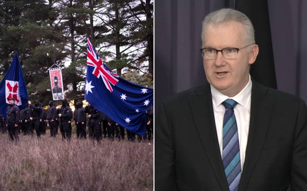Left panel: A line of masked flag bearers in black clothing holding an Australian flag and a hanging banner amid tall grass and trees.