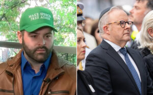 Side-by-side image: left man in a brown leather jacket and blue shirt wearing a green cap that says 'MAKE SPEECH FREE AGAIN'; right man in a dark suit at a crowd event, wearing glasses and a kippah.