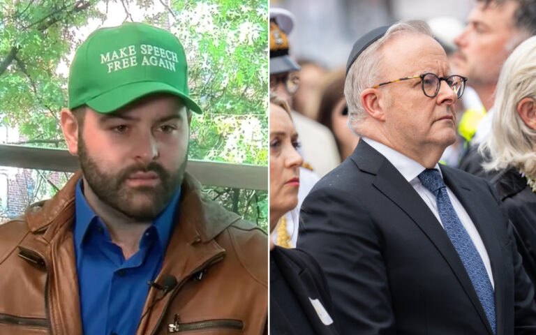Side-by-side image: left man in a brown leather jacket and blue shirt wearing a green cap that says 'MAKE SPEECH FREE AGAIN'; right man in a dark suit at a crowd event, wearing glasses and a kippah.