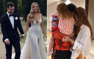 Split image: left side shows a bride in a sparkling gown and a groom in a tuxedo walking hand in hand outdoors; right side shows a woman holding a child while another woman leans in inside a hallway.