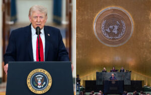 Donald Trump speaks at a lectern with the Presidential Seal visible on the podium. Right half shows a UN General Assembly hall with a speaker at a podium under the world emblem.