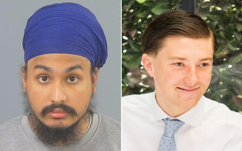 Left: man with a bright blue turban and beard in a mugshot-style photo against a gray backdrop.