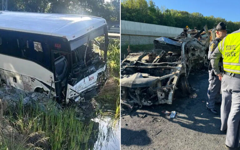 White bus off the road in a ditch next to tall grass, and a severely burned car wreck with state police officers nearby on a highway shoulder.