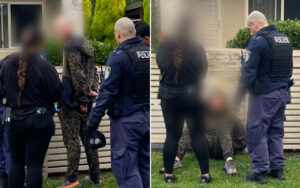 Police officers restrain a camouflaged-clothing person outdoors while another officer watches, near a fence and shrubs (scene split in two).