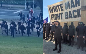 Left panel shows masked protesters marching along a street; right panel shows a line of black-clad individuals in front of a large banner reading 'WHITE MAN FIGHT BACK'