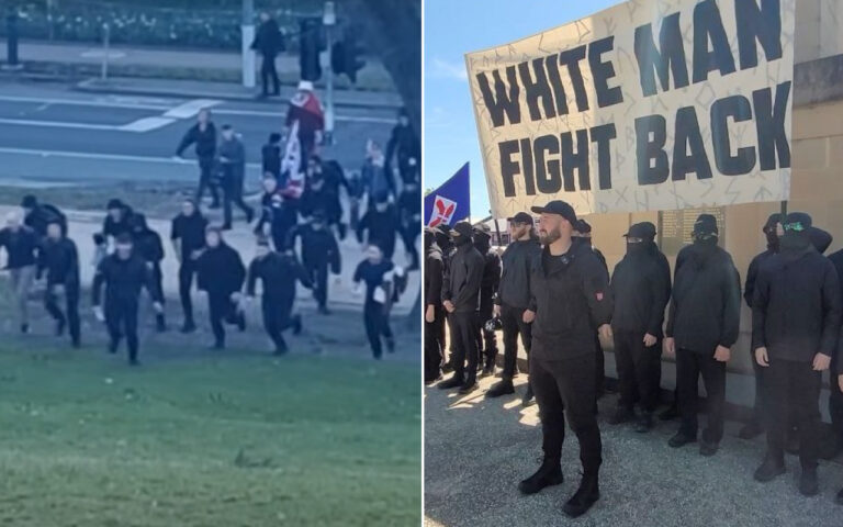 Left panel shows masked protesters marching along a street; right panel shows a line of black-clad individuals in front of a large banner reading 'WHITE MAN FIGHT BACK'