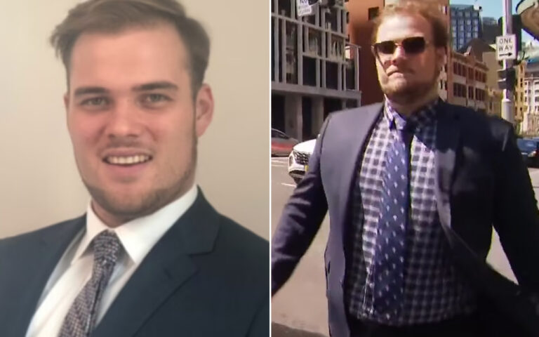 Side-by-side image: left is a man in a suit smiling indoors; right is the same man in sunglasses walking on a city street in a suit.
