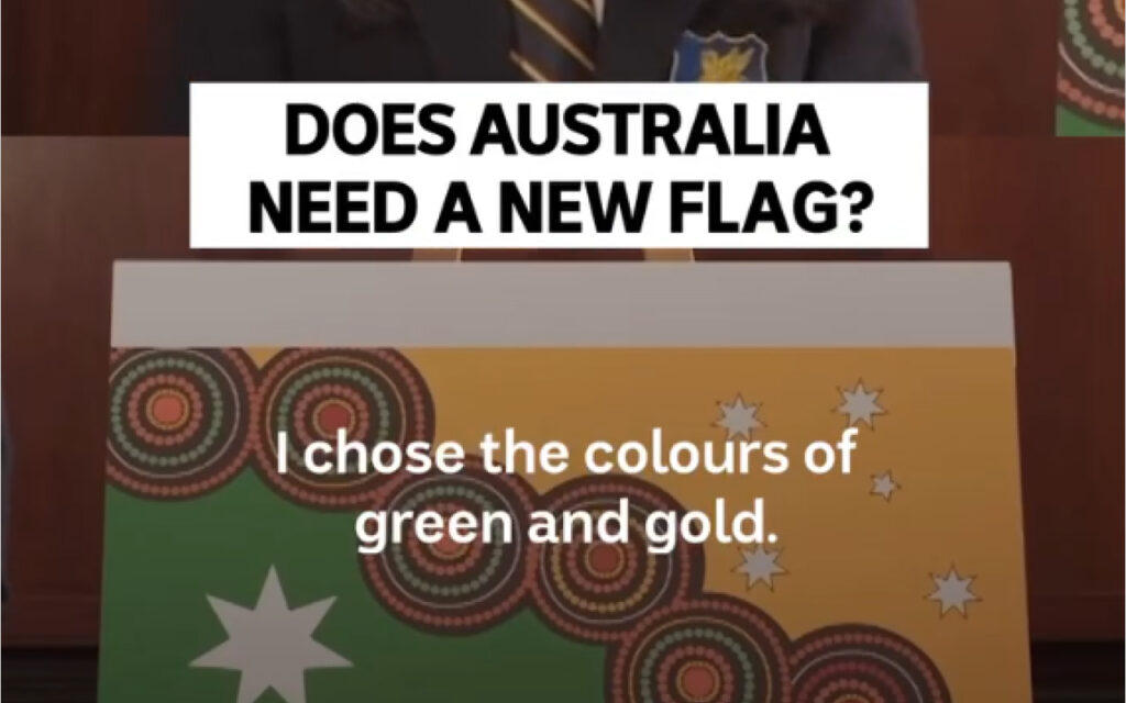 Question: Does Australia need a new flag? shown over a green and gold Aboriginal-inspired flag.