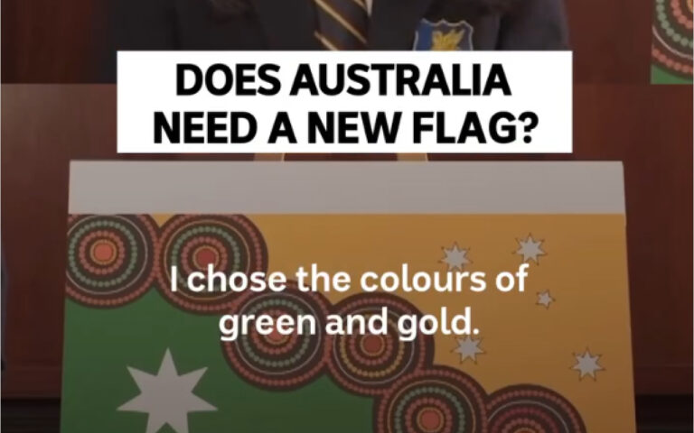 Question: Does Australia need a new flag? shown over a green and gold Aboriginal-inspired flag.