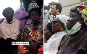 Split image: left panel shows two Black women seated on a purple couch—one with glasses in a beige hoodie, the other in a colorful patterned dress and head wrap; right panel shows a group of Black adults outdoors, including a woman with a patterned head wrap and a mask around her chin, looking ahead. A caption reads: “that as a refugee.”