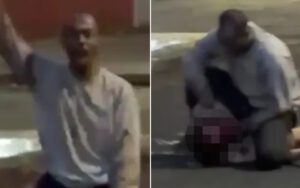 Surveillance stills of a man in a gray hoodie raising his arm, then kneeling on a person on the ground.