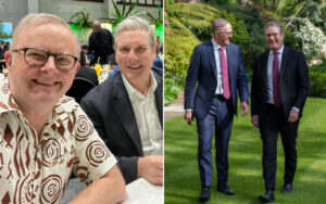 Left: two men smiling for a selfie at a social event; right: two suited men walking and chatting on a lawn garden.