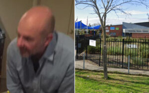 Split image: a balding man in a gray shirt indoors on the left; on the right a school entrance with a black fence, a tree, and a brick building with blue canopies.