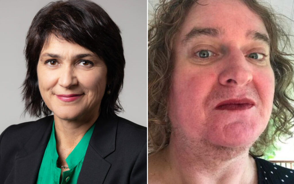 Side-by-side portraits: left is a smiling woman with short dark hair in a green blouse and blazer; right is a man with long, wavy hair and a flushed complexion, looking at the camera.