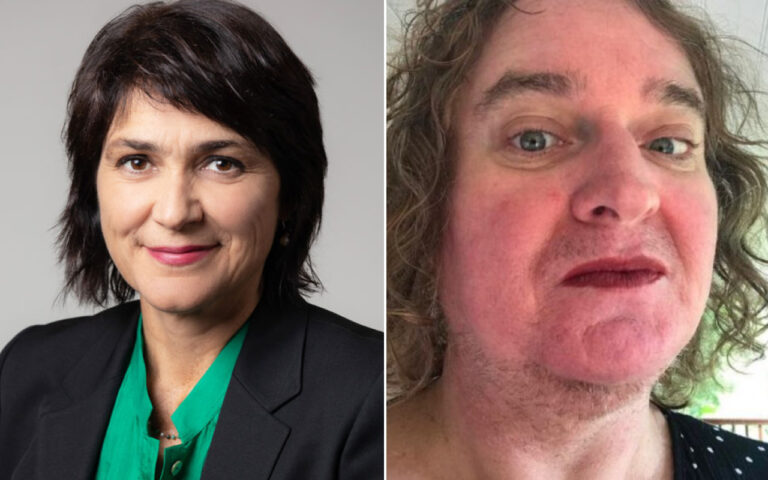 Side-by-side portraits: left is a smiling woman with short dark hair in a green blouse and blazer; right is a man with long, wavy hair and a flushed complexion, looking at the camera.