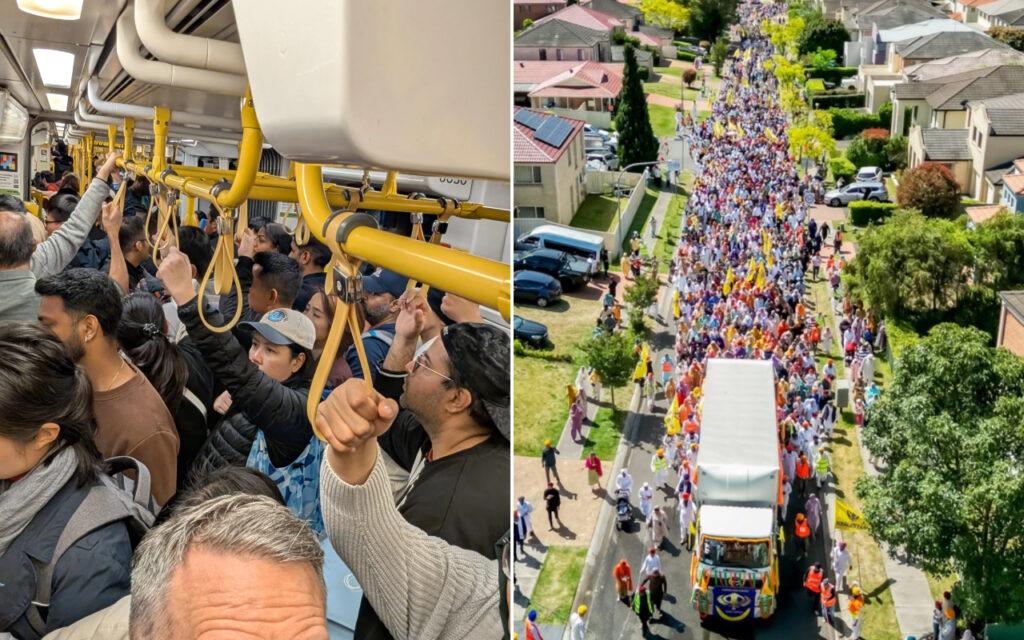 Crowded subway car with riders standing and gripping yellow handrails. Left side shows many people packed shoulder to shoulder.