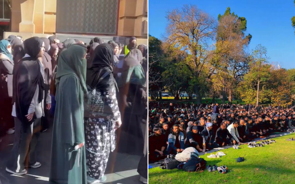 Left: women in hijabs waiting in line outside a building; right: Muslims praying on a park lawn.