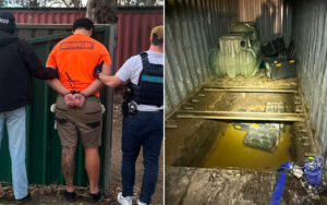 Left scene shows a man in an orange Caterpillar shirt being escorted by police, hands cuffed behind his back, flanked by two officers. Right scene shows a dim underground pit with muddy water, large storage tanks, and scattered equipment.