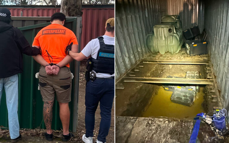 Left scene shows a man in an orange Caterpillar shirt being escorted by police, hands cuffed behind his back, flanked by two officers. Right scene shows a dim underground pit with muddy water, large storage tanks, and scattered equipment.
