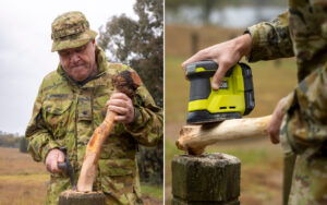 Two-panel image: left shows a camo-clad soldier chopping a log with an axe; right shows a yellow cordless power tool pressed into the same log on a stump.