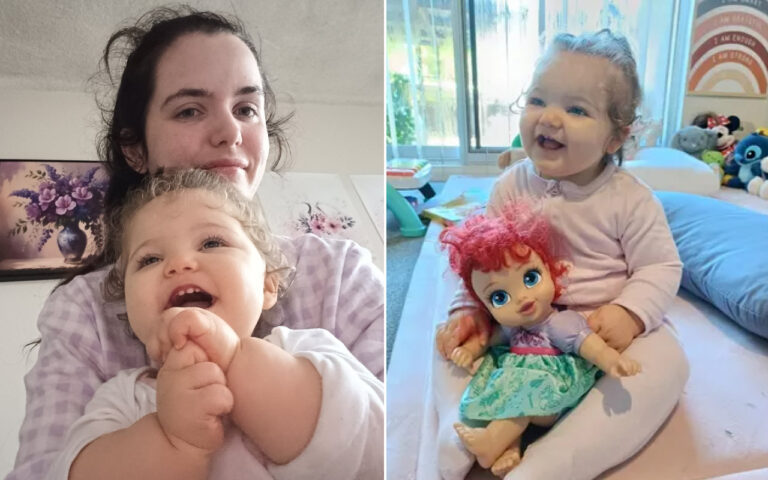 Left: a smiling woman holding a joyful toddler in a cozy home; right: a happy child sitting with a doll in a playroom with stuffed animals in the background