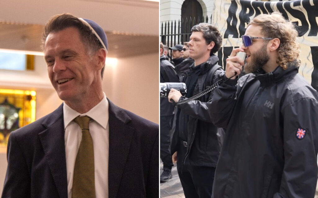 Left: smiling man in a dark suit, white shirt, yellow tie, and a small cap, indoors. Right: man with curly hair in a black jacket with a UK flag patch, using a megaphone at a protest with a banner in the background.