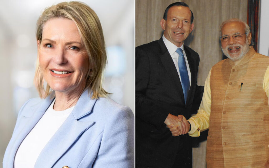 Left: smiling woman in a light blue blazer; right: two men in formal attire handshake at an event (one in a suit, the other in a tan kurta).