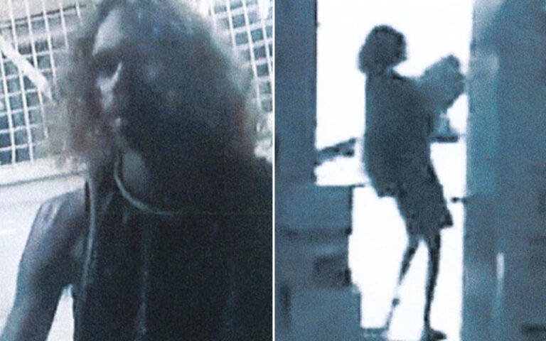 Two-panel surveillance image: left panel shows a person with long hair in a dark sleeveless top standing near a railing; right panel shows a silhouette of a person entering or standing in a doorway with a bag or object in hand.