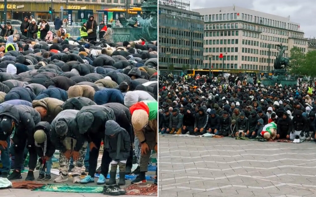 Large crowd praying in a public square, kneeling on prayer mats in an urban setting. (Two-panel view)