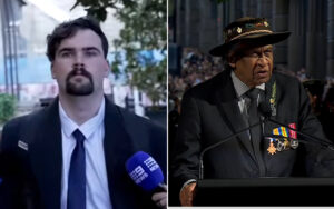 Split-screen image: left shows a male reporter in a suit holding a blue microphone for a live interview; right shows an elderly man in a dark suit with medals and a hat giving a speech at a podium during a ceremony.