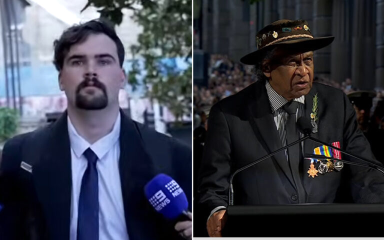 Split-screen image: left shows a male reporter in a suit holding a blue microphone for a live interview; right shows an elderly man in a dark suit with medals and a hat giving a speech at a podium during a ceremony.