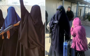 Two women in full-length abayas stand outdoors; one wearing a blue veil appears to hold a guitar alongside others covered in dark robes.