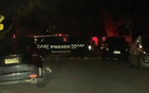 Nighttime street scene with a police van marked 'POLICE' and several parked cars nearby.