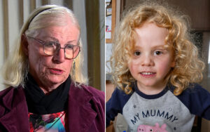 Split-screen photo: an elderly woman with glasses on the left and a curly-haired young girl on the right, both facing the camera.