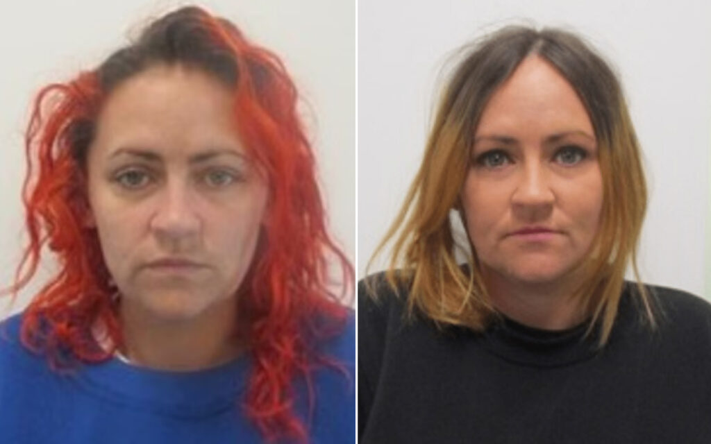 Two front-facing photos of a woman side by side; left shows red curly hair in a blue shirt, right shows blonde hair in a black top.