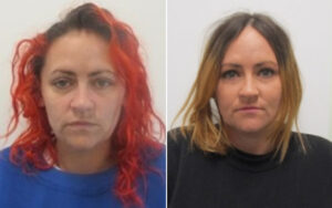 Two front-facing photos of a woman side by side; left shows red curly hair in a blue shirt, right shows blonde hair in a black top.