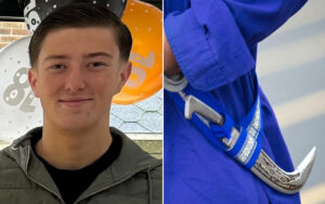 Split image: left side shows a young man in a green jacket with balloons behind; right side shows a blue-robed person with a curved dagger tucked in a belt.