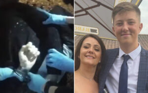 Two-panel image: left side shows gloved hands handling a small white clump or blob outdoors; right side shows a woman and a young man in a suit posing and smiling together.