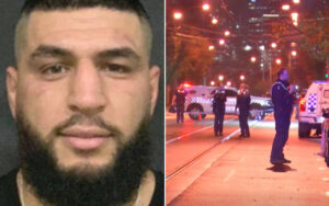 Split image: left a man with short hair and thick beard; right a nighttime police scene with officers and marked vehicles on a street.