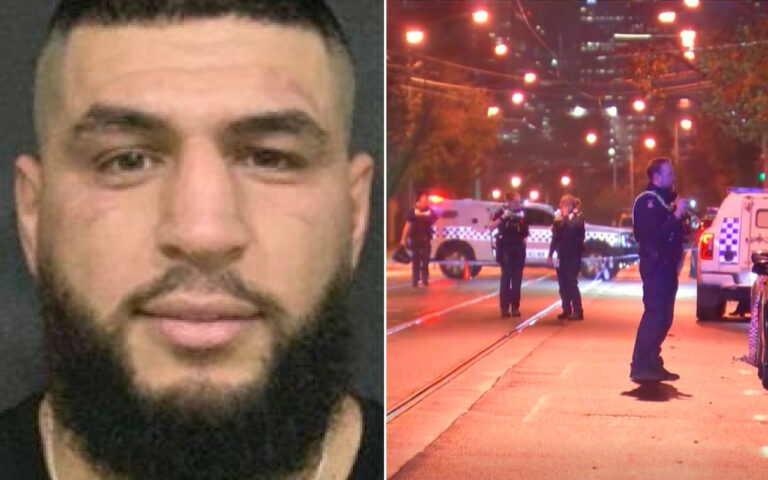 Split image: left a man with short hair and thick beard; right a nighttime police scene with officers and marked vehicles on a street.