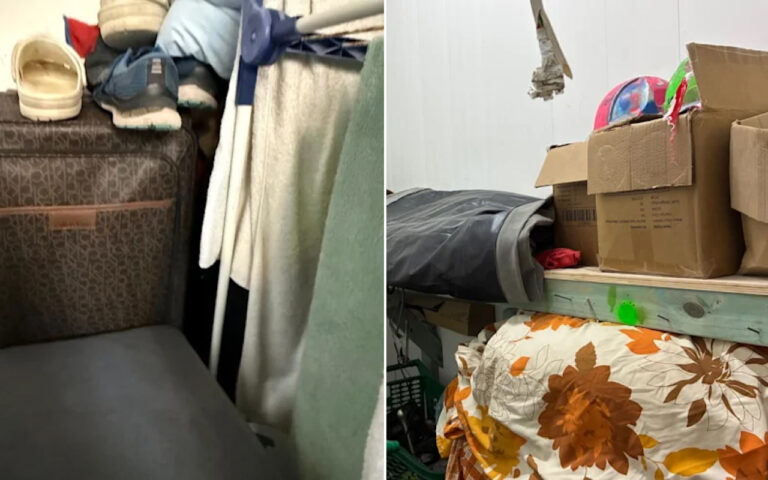 A split view of a cluttered storage area: left shows a suitcase, shoes, and hanging clothes; right shows boxes, a rolled mat, and a floral blanket on a shelf.