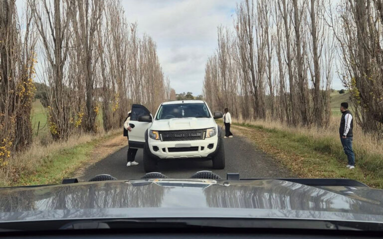 White Ford pickup stops on a tree-lined country road with two people near the open driver’s door and a third person standing in the road ahead of the truck.