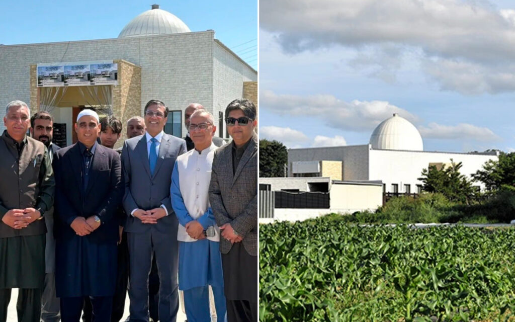 Collage: left panel shows men posing in front of a white-domed building; right panel shows a modern white building with a dome and green field in the foreground.