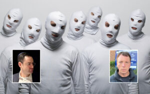 Seven people wearing white balaclavas stand together, with two inset portraits of men on the left and right.