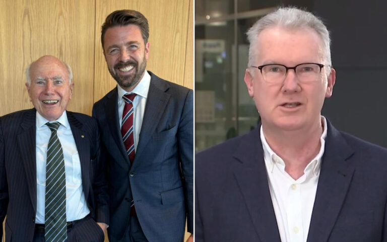 Two suited men smiling together indoors on the left, with an older man and a younger man in business attire; a separate head-and-shoulders shot of a man in a blazer on the right.