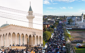 Split image: left shows a mosque exterior with arched windows and a tall minaret, people gathered outside; right shows a dense street procession of hundreds of people through a city block near a mosque.