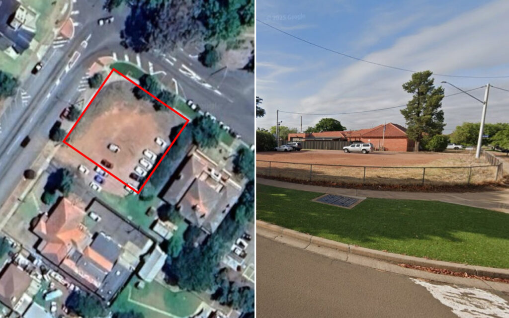 Split view: left shows an aerial image of a vacant dirt lot outlined in red among parked cars; right shows a street-level view of a brick building, curb, and parked cars along a curved road.