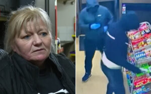 Split-screen image: left panel shows a concerned woman in a black jacket being interviewed inside a store. right panel shows a hooded person in blue with gloves taking items from a store rack, possibly shoplifting.
